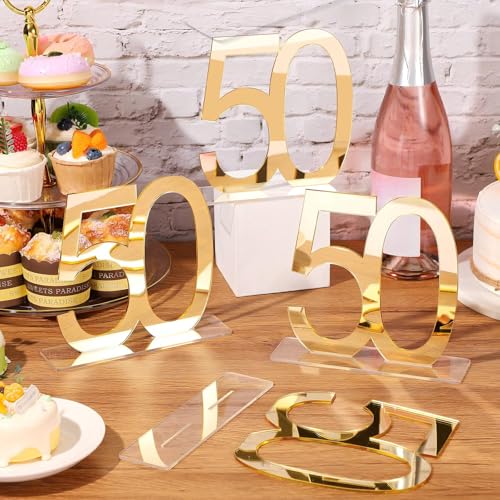 Image of Threehoney 12 Pcs Mirror Gold 50th Birthday Decorations for Men and Women Acrylic Anniversary Decorations Table Numbers Centerpieces for Birthday Party