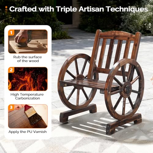 Image of VINGLI Rustic Wooden Wheel Bench Outdoor Bench, Patio Bench Wagon Slatted Seat, Garden Benches for Outdoors 350lbs High Capacity, Weather Resistance (Rustic, 23in)