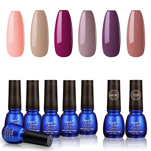 Perfect Summer Gel Nail Polish- 6 Candy Nude Color Gel Varnish Top Coat Base Gel Semipermanent Soak Off UV LED Manicure 8ML
