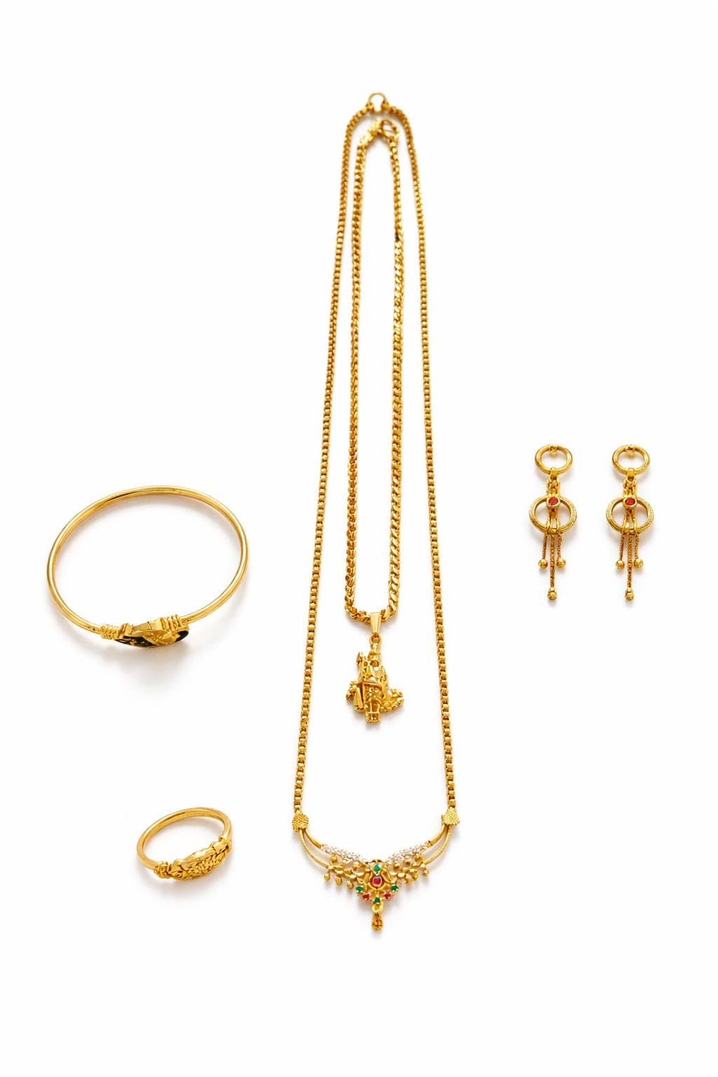 1 Gram Gold Forming Traditional Jewellery Combo Set for Women | 18 Inch Murugan Dollar Chain, 24 Inch Stone Pendant Chain, Velum Mayilum Kada Bracelet, Earrings and Ring | Ethnic Jewellery Gift Set for Women & Girls-image-24