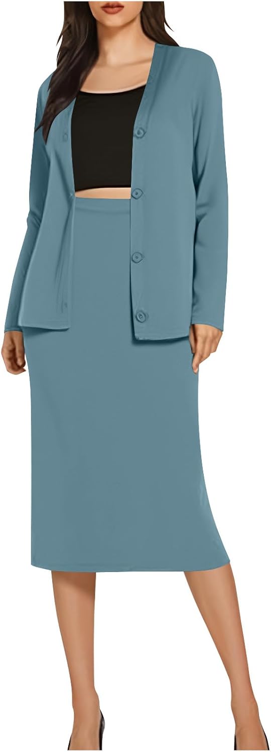 2 Piece Skirt Sets For Women Fall Dresses Long Sleeve Cardigan and Midi Skirts Lounge Travel Outfits Spring Clothes