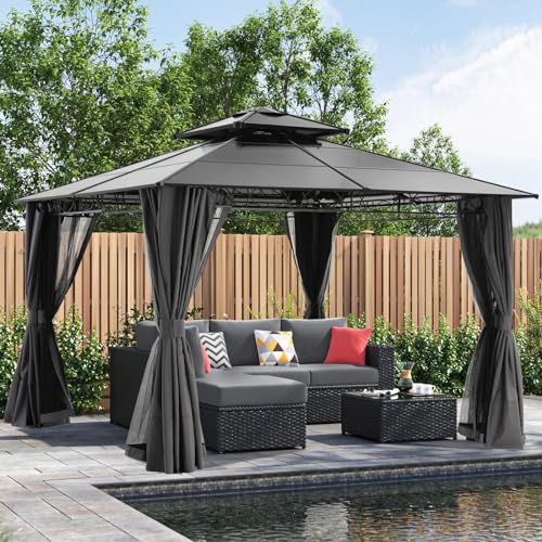 ABCCANOPY 3x3m Doppeldach Hardtop Pavillon mit Vorhängen und...