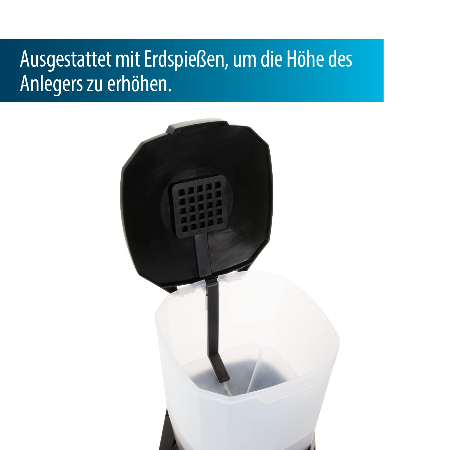 AquaForte Podajnik wędkarski 6 litrów solarny, 1-6 karmienia/dzień, czas karmienia do 20 s, rozmiar pelletu 3-10 mm, zakres wyrzutu ± 1, 2 lub 3 m, kąt dystrybucji: 120° poziomo, w zestawie panel