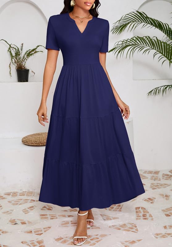 Women Casual Loose Maxi Dress with Pockets V Neck Short Sleeve Tiered Long Summer Beach Swing Dresses - Image 5