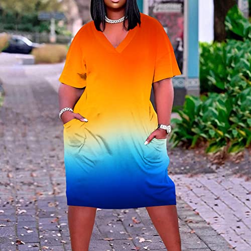 Hvyesh Plus Size Summer Dresses For Women 2023 V Neck Tshirt Dress Tie Dye Gradient Color Sundresses Fashion Summer Holiday Sun Dress Dressy Casual Loose Midi Dresses With Pockets #TOP1