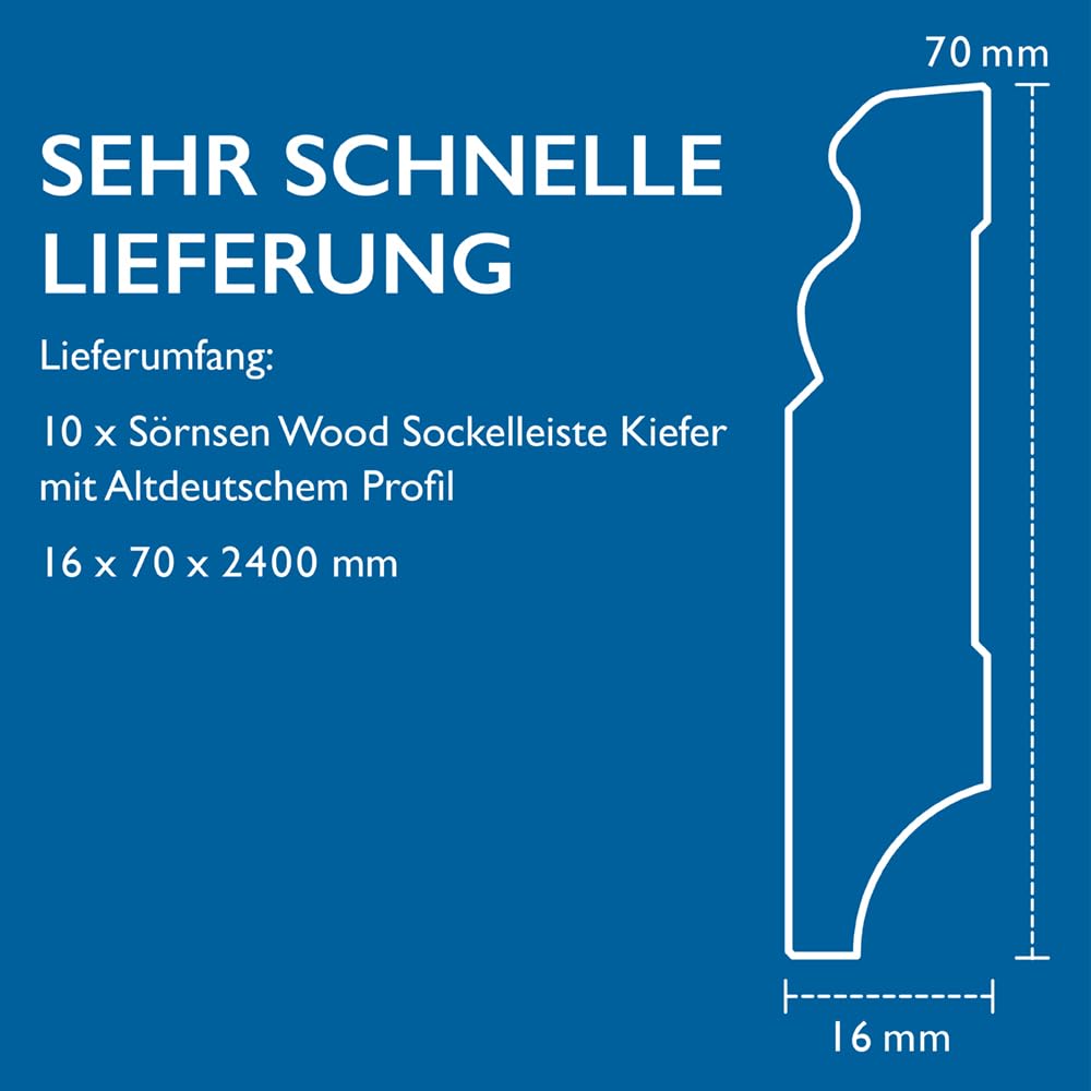Sockelleiste Kiefer – 16x70x2400 mm, 10 Stück, weiß RAL 9016 lackiert