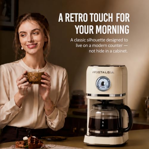 Image of Nostalgia Classic Retro 10 Cup Coffee Maker - One-Touch Drip Brew, Reusable Filter - Anti-Drip, Auto Shutoff, & Time Display - Dishwasher Safe 50 oz Carafe - Cream