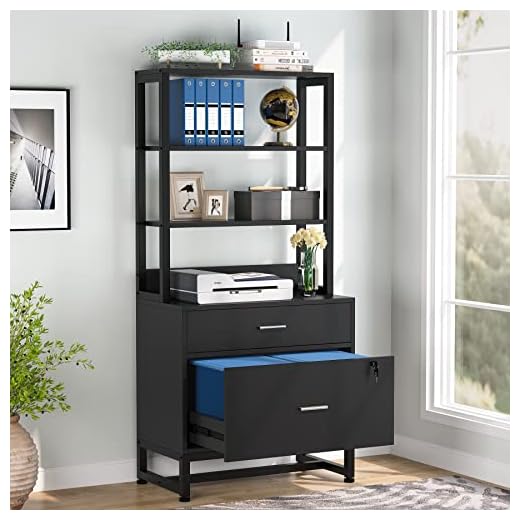 Tribesigns 2 Drawer Vertical File Cabinet with Lock & Bookshelf, Letter Size Large Modern Filing Cabinet Printer Stand with Open Storage Shelves for Home Office, Black