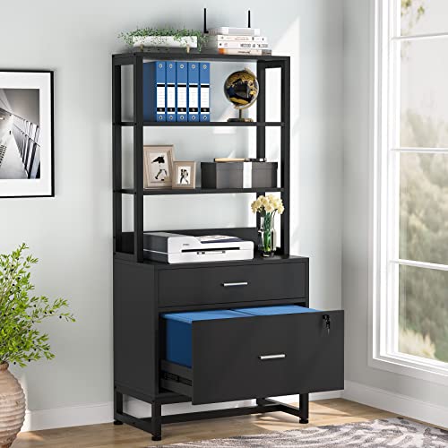 Image of Tribesigns 2 Drawer Vertical File Cabinet with Lock & Bookshelf, Letter Size Large Modern Filing Cabinet Printer Stand with Open Storage Shelves for Home Office, Black