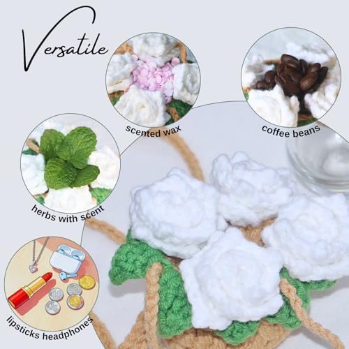 Image of ROFIGL Handmade Crochet Hanging Car Air Freshener - Pure Elegant White Rose Design, 12ml Refillable Thick Glass Bottle, Car Diffuser for Rearview Mirror, Home & Office Minimalist Decor