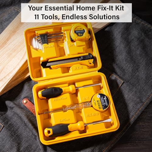 Image of Deli DL1011J 11 Piece Household Tool Kit Portable & Compact with Test Pen Electrical Tape Measure Tape Screwdrivers Utility Knive 5-Hex Keys and Storage Box for DIY Home Repair (Yellow)