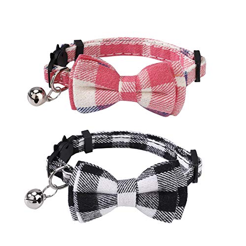 QH-Shop Collier Chat avec Cloche et Boucle de Sécurité, 2 Pièces Colliers Mignon de Chat de Plaid Noeud Papillon à libération Rapide Réglable pour Chiot Chaton, Rose et Noir