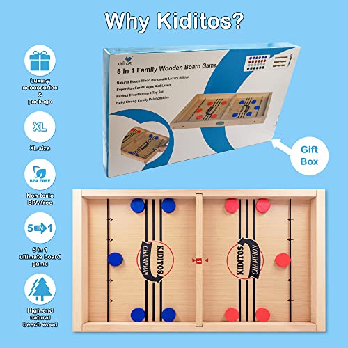 Kiditos 27.2" 5 in 1 X-Large Sling Puck Game, Chess, Checkers, Bowling, Curling, Super Fun Multiple Tabletop Family Wooden Board Game for Kids, Adults and Family Game Night