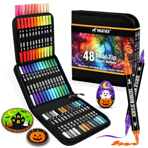 Pagather Acrylic Paint Markers, 48 Colors Dual Tip Fine & Brush Pens Set