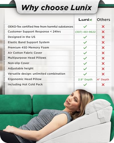 Lunix 4pcs Orthopedic Bed Wedge Pillow Set, Post Surgery Memory Foam for Back, Leg, and Knee Pain Relief, Adjustable Sitting Pillow for Sleeping, Acid Reflux, and GERD, with Hot Cold Pack, White