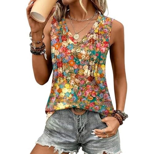 LOMON Tank Tops for Women Loose Fit V Neck Sleeveless Shirts 2026 Fashion Summer Clothes S-3XL Colorful Flowers Large