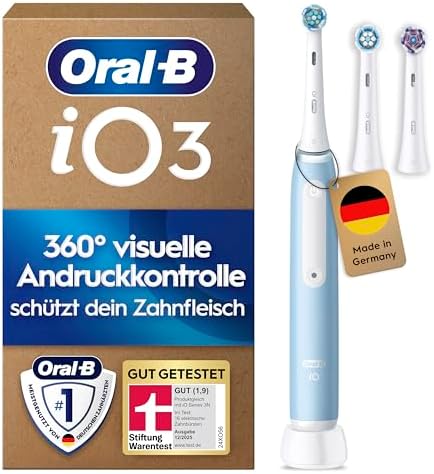 Oral-B iO Series 3 Elektrische Zahnbürste, Hellblau | Inkl. 3 Aufsteckbürsten, GUT GETESTET von STIFTUNG WARENTEST, Electric Toothbrush mit 3 Putzmodi für Zahnpflege