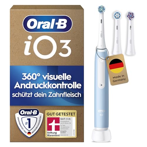 Oral-B iO Series 3 Plus Edition Elektrische Zahnbürste — Electric Toothbrush, Inkl. 3 Aufsteckbürsten, 3 Putzmodi für Zahnpflege — Designed by Braun, GUT GETESTET von STIFTUNG WARENTEST, Hellblau