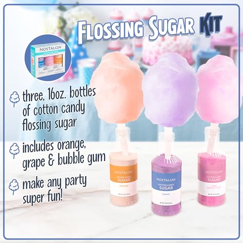 Image of Nostalgia Cotton Candy Flossing Sugar Party Kit 3-Pack, Grape, Pink Bubble Gum, Orange, 3-16 oz bottles - 48 total ounces - Bottles of Cotton Candy Sugar Mix