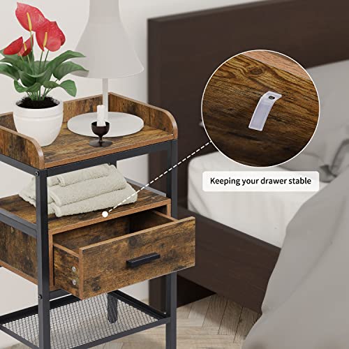 Nightstand Set Of 2, 3 Tier End Table With Drawer And Storage Shelf, Industrial Bedside Table With Adjustable Feet, Wooden Accent Furniture For Bedroom Living Room #TOP5