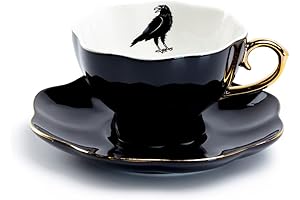 Raven Black Fine Porcelain Tea Cup and Saucer with Hand Painted Gold...
