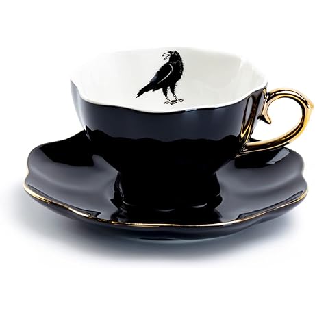 Raven Black Fine Porcelain Tea Cup and Saucer with Hand Painted Gold...