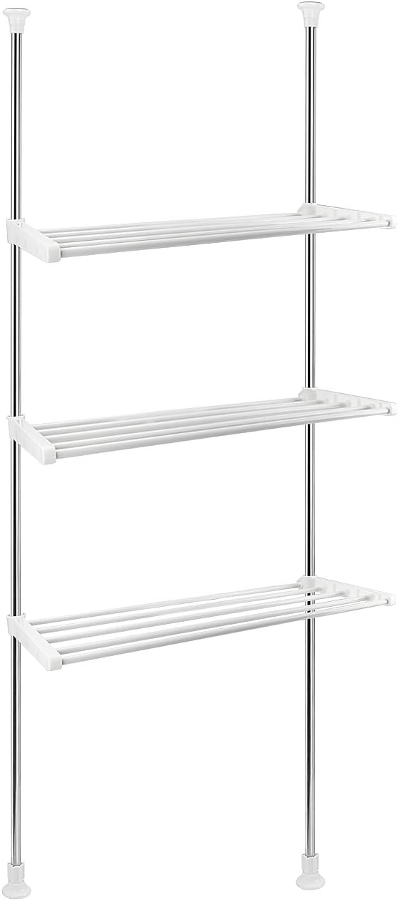 Shower Caddy Telescopic Bathroom Shelf Stainless Steel Corner Shower Shelf Bath Shower Organizer 3 Tier Retractable Poles Over Toilet Storage Height 110 to 310 cm No Screw Drilling Required White