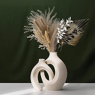 IUIBMI Modern White Ceramic Vase Set of 2, Nordic Minimalism Hollow Donut Vase, Combined or Used Separately, Neutral Decorative Vases for Home Decor Flowers Bedroom Shelf