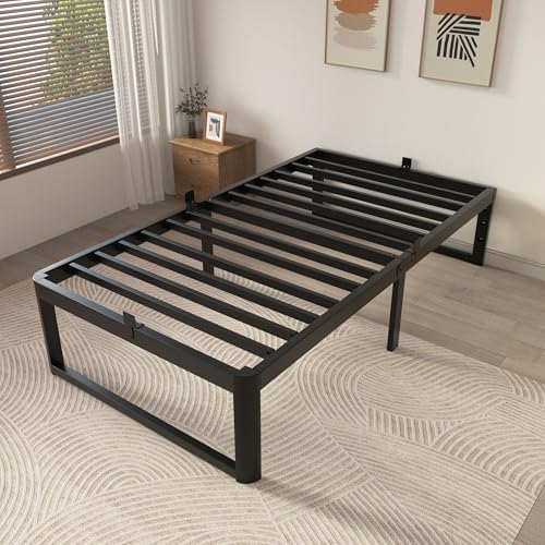 Image of ZTH Twin Size Metal Platform Bed Frame 14 in, No Box Spring Needed, Black | Heavy duty support, Underbed storage, Noise-free design, Anti-slip clips, Rounded legs, Easy assembly, Headboard compatible