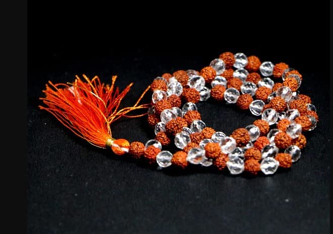 GemsMart Rudraksha And Sphatik Mala AAA+++ Rated Mahadev Aadi Shakti Blessed Saptik Rudrashaka Mala Original 108 Bij रुद्राक्ष स्फटिक माला १०८ Clears Quartz Ruthratcham Sfatik Mala 108 Beads Certified