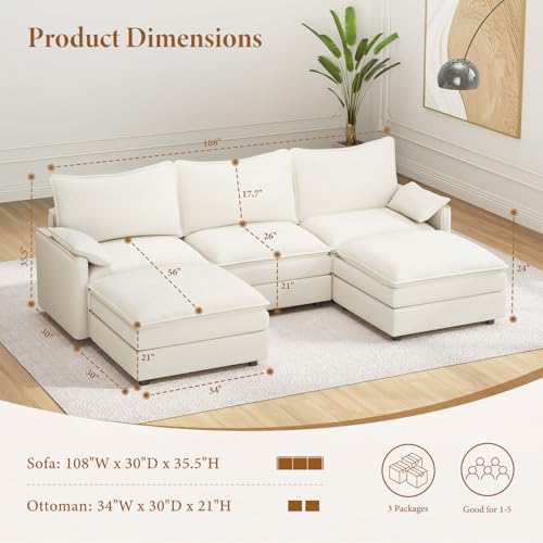 Image of Vesgantti 108 inch U Shaped Sectional Couch, Comfy Cloud Modular Sectional Sofa with 2 Ottoman Deep Seat Chenille Modern Cloud Sofa, Modular Sofas for Living Room, Bedroom and Apartment, Snow White