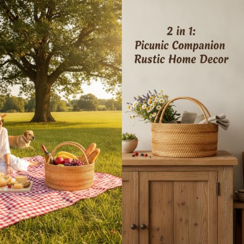 Rattan Picnic Basket with Handle, 13x13x6 in Handwoven Storage Decor by Peslran - Used condition - Image 3