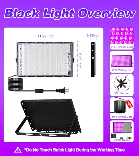 Image of TigQiang 200W 2 Pack LED Black Light IP66 Waterproof, Outdoor Blacklight Flood Light with Plug Switch Cord for Halloween, Neon Glow in The Dark Party, Body Paint, Fluorescent Poster, Classroom Party