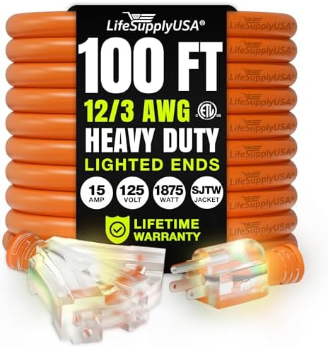 100ft Outdoor/Indoor Extension Cord 3-Outlet 12/3 Gauge Extra Heavy Duty ETL Listed, 3 Prong SJTW, Waterproof, Flexible Cold-Resistant Long Power Cord,15A 125V 1875W, Orange by LifeSupplyUSA