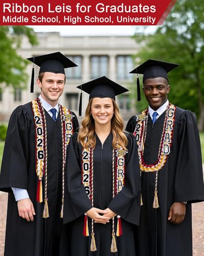 Image of Yigney Graduation Lei Set Class of 2026 Grad Ribbon Leis with Honor Cord Double Braided Graduate Leis for Men Women Red Gold White