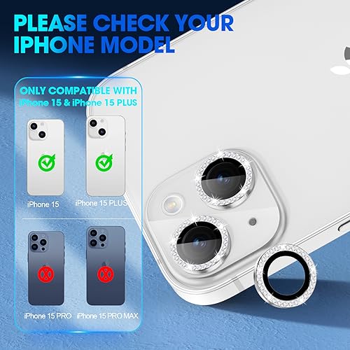 Image of Tempered Glass Camera Lens Protector Compatible for iPhone 15 /15 Plus Bling,Individual Metal Diamond Ring 9H Hardness Scratchproof Protector,Stylish Accessories,Case Friendly (Silver Diamond)