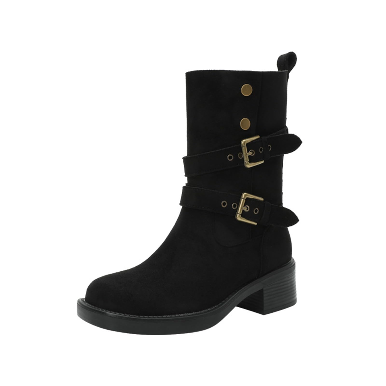 Womens Suede Belt Buckle Chunky Heel Mid Calf Boot Elegant Square Round Toe Pull On stacked block heels