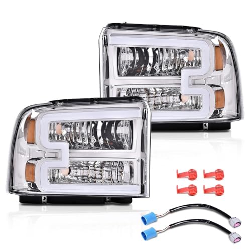 Image of GRAND ORANGE LED DRL Headlight Assembly Compatible with Ford Excursion 2005, Fit Ford F250 F350 F450 F550 Super Duty 2005-2007 FO2502217 HeadLamps LH & RH Clear lens Chrome Housing White Reflector