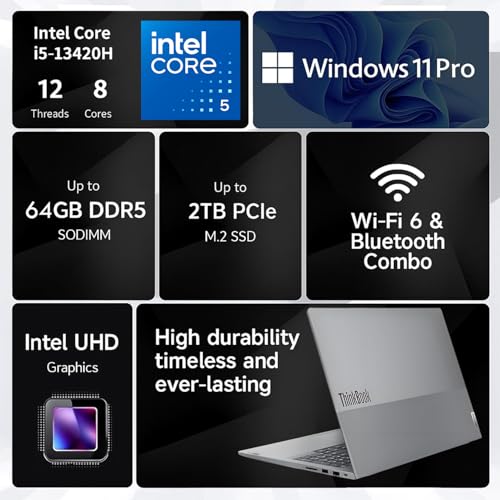 Image of Lenovo ThinkBook 16 Business Laptop, 16 inch FHD+, Intel 13th 8-core i5-13420H Up to 4.6GHz(Beats i7-1355U), 32GB DDR5 RAM, 1TB PCIe SSD, Thunderbolt 4, Wi-Fi 6E, RJ-45, Windows 11 Pro, WOWPC USB