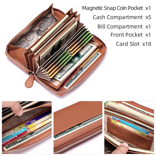 Image of RFID Blocking Womens Zipper Wallet Leather Large Capacity Billfold Clutch Zip Around Wallets for Women