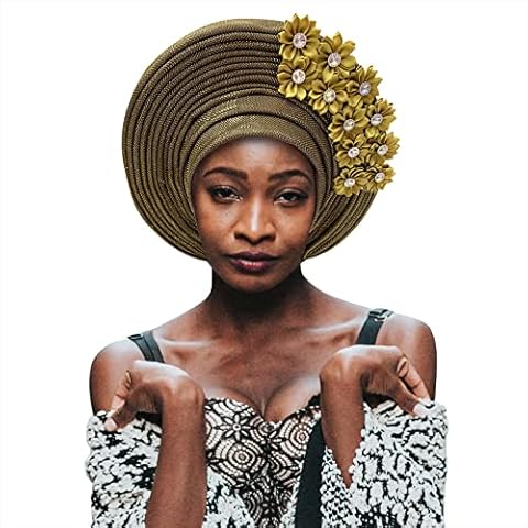 QliHut Gele Headties African ASO Oke Headgear for Wedding Party headties Gele Headties Nigerian for Women (Coffee, Large) Cover