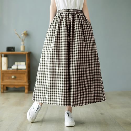 Summer Women's Loose and Slimming Cotton Linen Plaid Casual Wide Leg Cropped Pants3