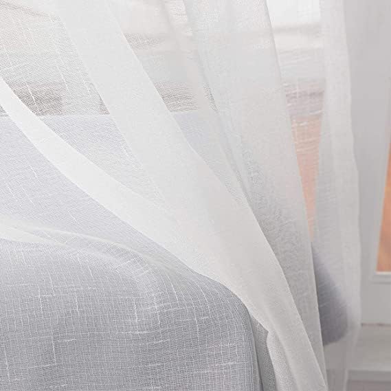 ChadMade Customize Linen Look Sheer Curtain White Semi Sheer Tulle for Dining Room, Living Room Bedroom, Single Panel