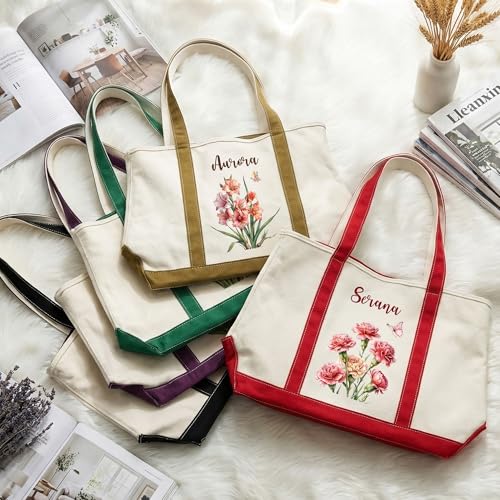 Bolso tote personalizado de lona para mujer: con nombre y flor de nacimiento, ideal para boda, despedida de soltera, regalo para mamá o abuela miniatura 2
