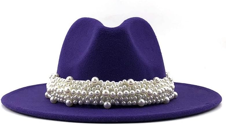 Womens Wide Brim Fedora Hat with Pearl Band Lady Panama Hat Jazz Fedora Hat (Color : Purple, Size : One Size)