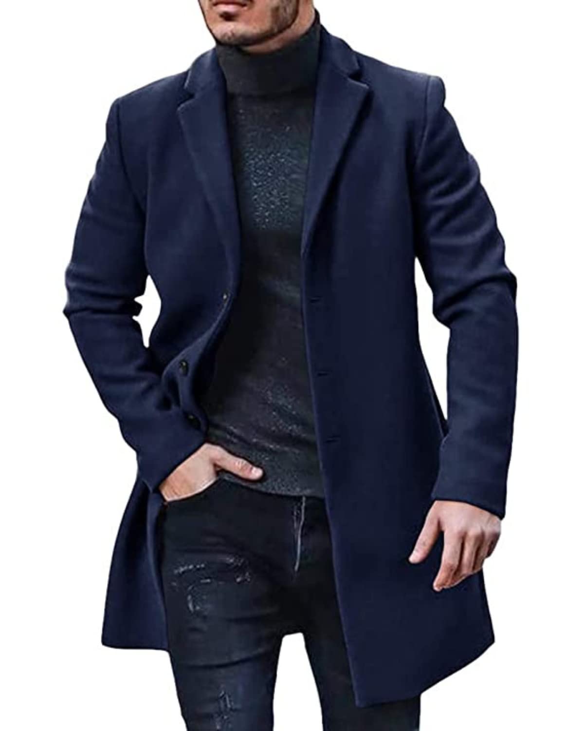 Men's Trench Coat Slim Fit Notch Lapel Single Breasted Top Coat Winter Warm Cotton Business Long Jacket Overcoat | Navy Blue | XL-image-21