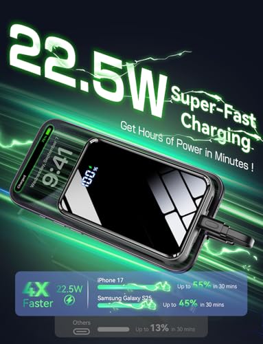 Image of Portable Charger Power Bank 50000mAh, 22.5W Fast Charging & 50% Smaller Battery Pack with Built-in Cables, Travel Camping 4 Outputs, LED Display for iPhone, Android, iPad, Black