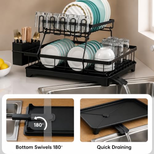 Image of HomeCloud 2-Tier Kitchen Dish Drying Rack & Drainer | Large Capacity Dish Stand with 360 Flexible Drainage System, Removable Drip Tray, Cutlery Holder & Cup Organizer for Countertop (Black)