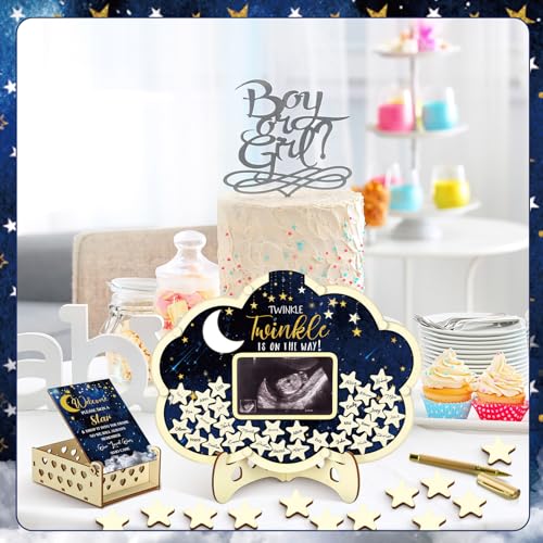Image of Wenqik 63 Pcs Moon and Star Baby Shower Guest Book Alternatives Set Baby Shower Decorations with Photo Frame Sonogram Frame Keepsake 60 Wood Slices Guest Book for Birthday