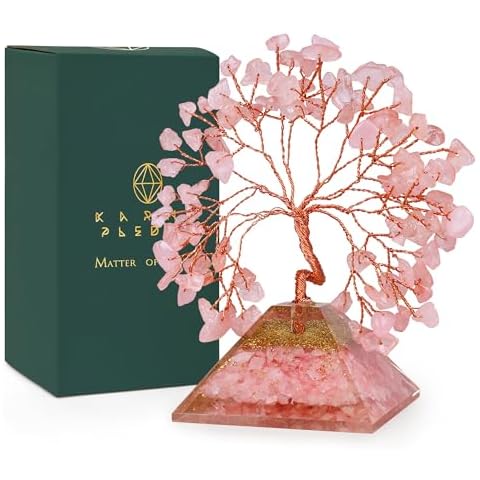 KARMAPLEDGE Rose Quartz Crystal Tree Good Luck Birthday Gifts for Womens, Mom, Home and Office Desk Decor, Pyramid Base Reiki Healing Stones & Chakra Tree of Life for Positive Energy, Money, Sucess Cover